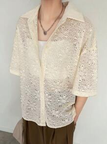 FRIFUL 女式夏季碎花蕾丝落肩单排扣休闲衬衫 - 杏色 - 查看 3