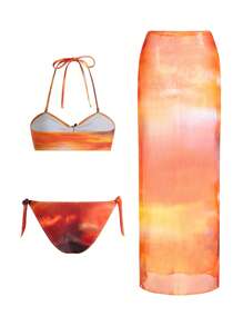 Swim Oasis Set de 3 piezas, Conjunto de bikini y falda con estampado de puesta de sol, decoración de metal fruncido y correa para el hombro desmontable, conjunto de verano para la playa - Multicolor - Ver 8