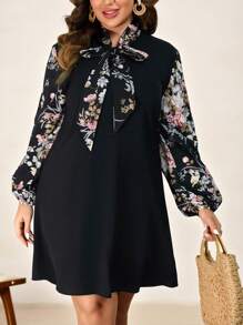 Chikora Talla grande Vestido con estampado floral de cuello con cordón de manga farol