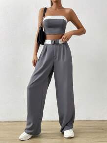 SHEIN EZwear Contrast Trim Tube Top & Straight Leg Trousers - Grey - View 4