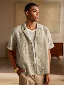 Mainfolk Men's Summer Elegant Burnout See-Through Casual Short Sleeve Shirt - Khaki - View 3