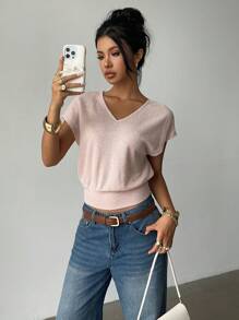 Siren Gaze New Summer Pink T-Shirt, Casual Waist V-Neck Drop Shoulder T-Shirt For Women, Cute Tops, Travel Tops - Apricot - View 4