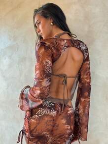 Aloruh 女士波西米亚风春夏新款蜡染印花罩衫，长袖性感优雅露背女士度假沙滩波西米亚风罩衫，乡村音乐会 - 彩色 - 查看 2