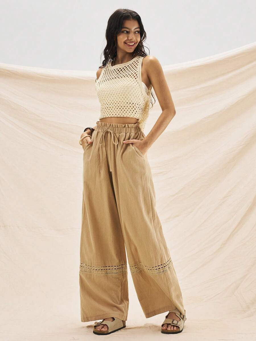Easelle Women's Lace Patchwork Wide Leg Khaki Pants, Suitable For Travel & Outdoor - Khaki - View 1
