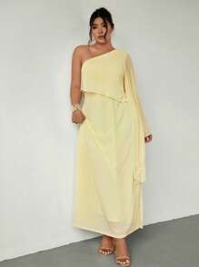 Firerie Váy dài bằng vải chiffon và lưới hai lớp rộng rãi không đối xứng cho mùa hè cỡ lớn, màu vàng; Thích hợp cho ngày lễ tình nhân, hòa nhạc, biểu diễn, hẹn hò, tiệc chiêu đãi cấp cao, vũ hội, đám cưới, gợi cảm, thanh lịch, đi làm, trở lại trường, kỳ nghỉ, bãi biển, lãng mạn, quý cô công sở, phong cách nàng tiên cá, tiệc sinh nhật - Màu vàng - Xem 6
