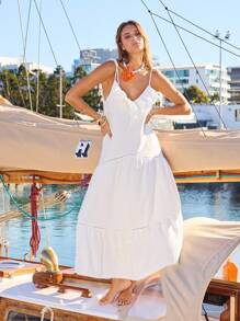 Aralina Tie Strap Ruffle Neck Tiered Hem Flowy Silhouette Vacation Outfits Women Sundress Dress - White - View 9