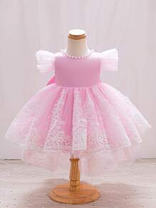 SHEIN Glamorique Kids Vestido de fiesta de cumpleaños con espalda descubierta, malla y brillo rosa con lazo decorativo para bebé y niña pequeña, para el 1er cumpleaños - Rosa - Ver 2