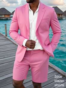 Manfinity AFTRDRK 男士纯色翻领长袖西装外套和裤子套装男士派对西装舞会礼服男士 - 玫紅色 - 查看 6