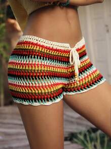 Easelle Women Holiday Casual Low Waist Colorful Crochet Knit Fitted Shorts - Multicolor - View 12