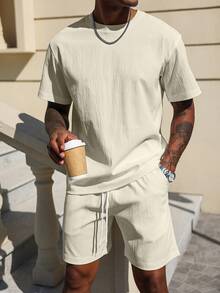 Manfinity Homme Men's Solid Color Fashion T-Shirt And Shorts Set, Suitable For Summer - Apricot - View 1