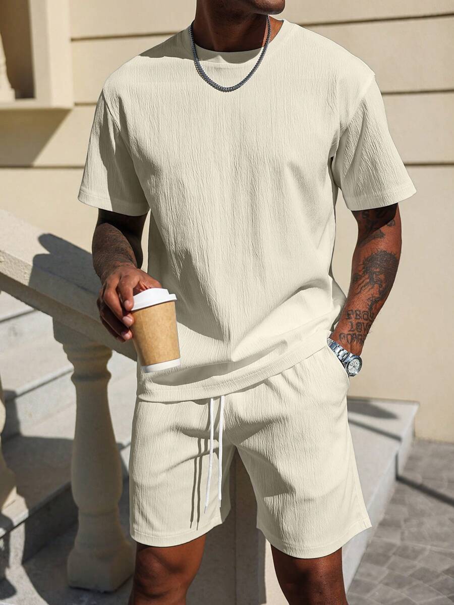 Manfinity Homme Men's Solid Color Fashion T-Shirt And Shorts Set, Suitable For Summer - Apricot - View 1