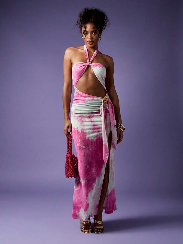 MISSGUIDED Tie Dye Cut Out Maxi Dress Summer Resort Wear Halter