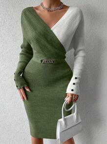 SHEIN Women's Contrast Color V-Neck Long Sleeve Buttoned Fitted Knitted Dress,Petite