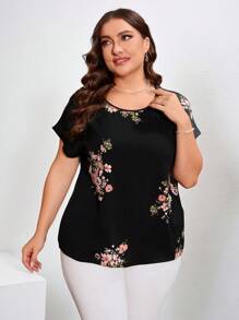 Chikora Plus Size Women Floral Printed Black Shirt,Patterns Are Randomly Cut Without Positioning