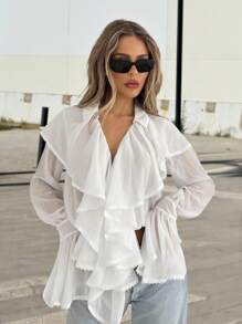 SHEIN ICON Áo cánh tay chuông viền bèo nhún cổ chữ V sâu cỡ lớn cho nữ - trắng - Xem 1