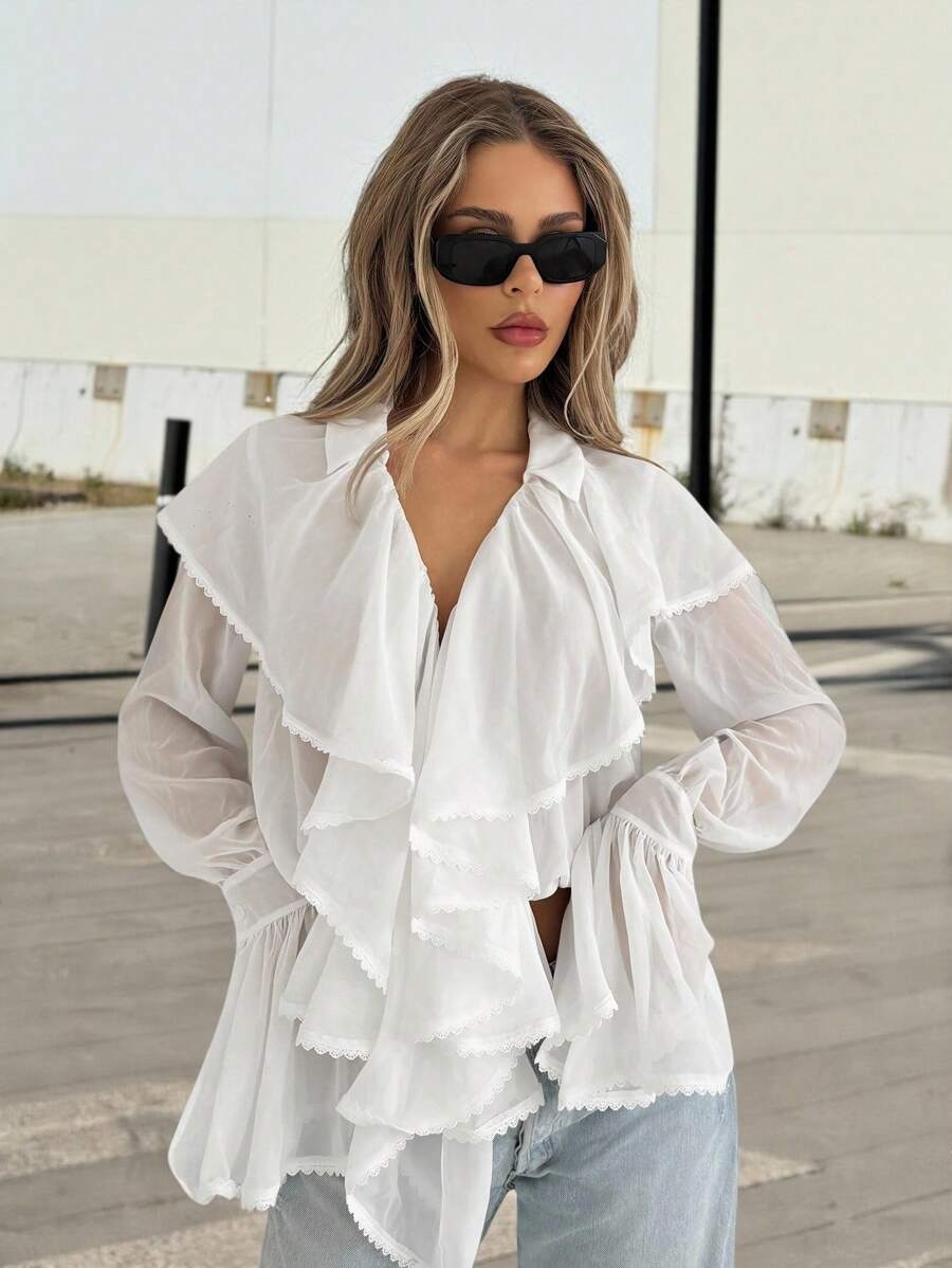 SHEIN ICON Áo cánh tay chuông viền bèo nhún cổ chữ V sâu cỡ lớn cho nữ - trắng - Xem 1