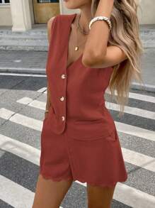 Serisse 2pcs Women Solid Color Single Breasted Vest And Shorts Casual Outfit