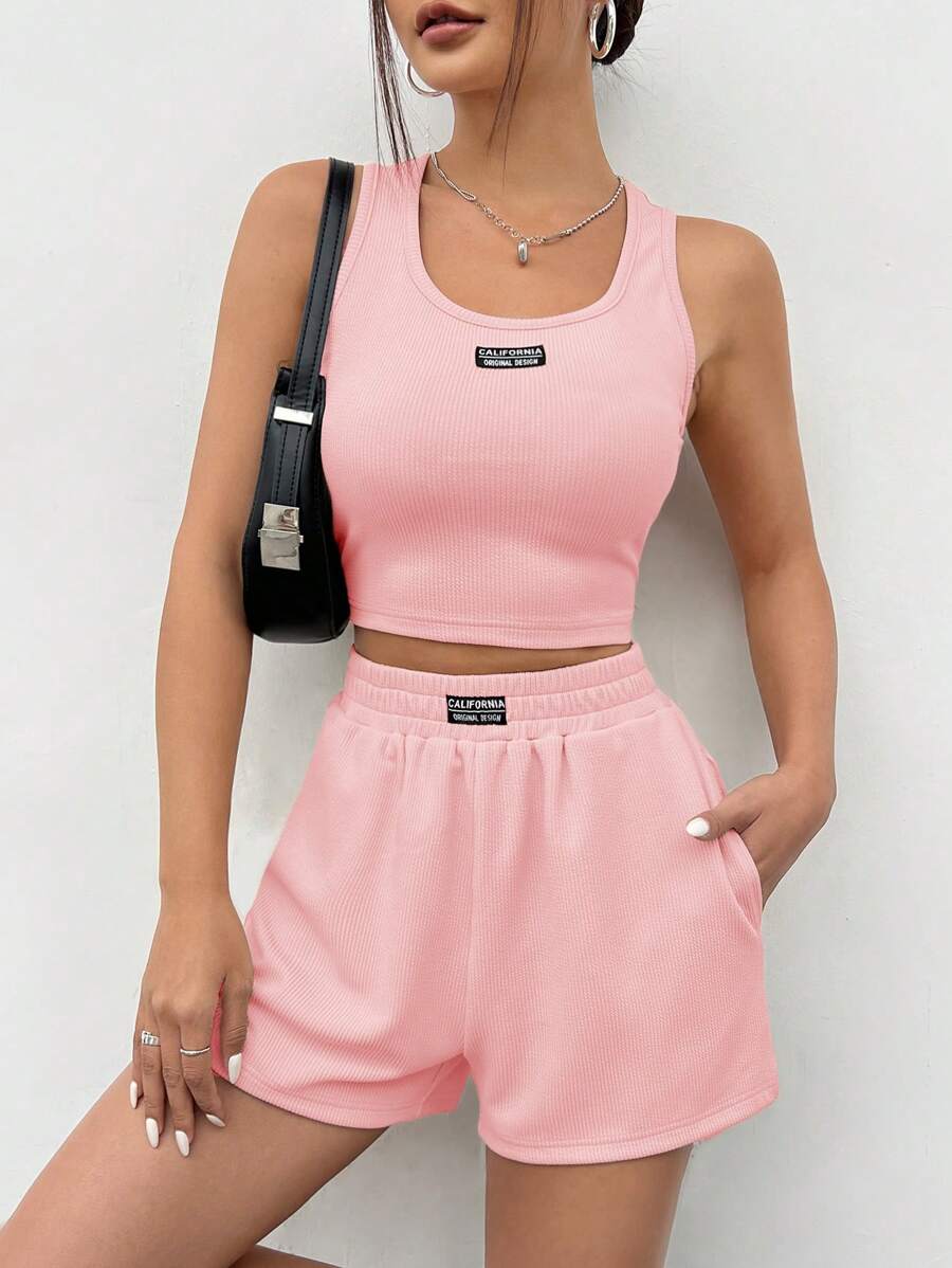 SHEIN EZwear 女士休闲运动日常通勤浅粉色字母印花露脐背心和短裤套装,夏季 - 淺粉色 - 查看 1