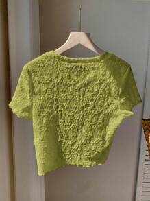 Comfortcana Beige Knitted Jacquard Round Neck Basic Short Sleeve T-Shirt, Summer - Olive Green - View 2