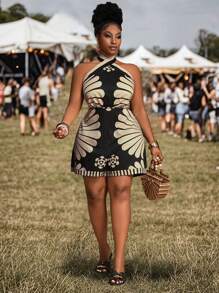 Veslaya Mono asimétrico sin mangas de cuello en V con estampado negro y caqui, apropiado para resort y primavera/verano 2025, ideal para fiestas de cumpleaños, uso diario casual, sencillo y sexy, tallas grandes