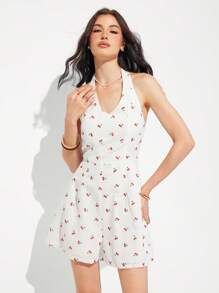 Roylia Fashionable Textured Cherry Print V-Neck Camisole Romper - White - View 5
