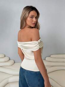 Roylia 1pc Solid Color Pleated Satin Summer Elegant Blouse , Off Shoulder Top - Champagne - View 5