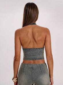 SHEIN BAE 夏季做旧复古洗水牛仔系带上衣 90 年代千禧一代可爱优雅休闲度假夏季派对演唱会牛仔上衣、女牛仔、俱乐部、度假、外出、系带上衣、牛仔系带紧身胸衣上衣、节日必备、露背牛仔上衣、夏季波西米亚街头服饰、夜间外出 - 中等水洗藍 - 查看 2