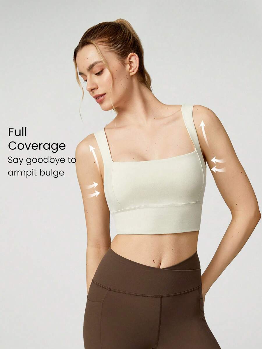 GLOWMODE FeatherFit™ Full Coverage Side Support Square Neckline Sports Bra Longline Bra Light Support Low Impact Yoga Daily - Beige - View 1