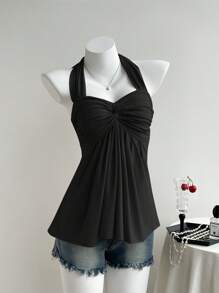 Comfortcana 女士休闲黑色扭纹背心，夏季 - 黑色 - 查看 4