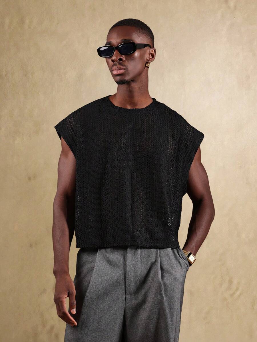 Textured Tank Sleeveless Crop Top Muscle Workout Training Athletic Gym Running Basketball Sports Performance Boxy Tank Top - Black - View 1