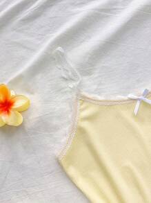 Teenager Mädchen Spitzen Schleifen Besatz geripptes Trägerhemd, bequeme Stretch, kombinierbar mit tief sitzenden Shorts, geeignet für Frühling und Sommer, cool, Basic, täglich, vielseitig, Sport Mode Sommer Oberteile, Schulanfang Saison, Schuluniformen