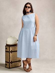 Zelara Plus Size Summer Striped Round Neck Sleeveless Ruched Casual Work Dress,Old Money Style Women - Blue and White - View 7