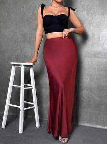 SHEIN PETITE Elegant Versatile Satin Skirt For Women, Girly Style Maxi Skirt, Summer, Long Skirt With Slit, Elegant Skirt, Red Long Skirt - Red - View 5