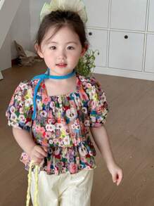 DAZY 2pcs/Set Young Girl Floral Print Puff Sleeve Top With Ruffle Hem And Pants,Girls Summer Outfits