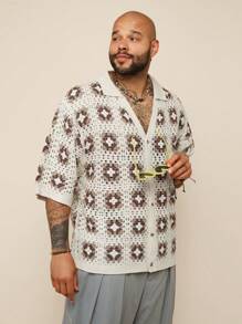 EASEVO Plus Size Men's Loose Turn-Down Collar Graphic Print 3/4 Sleeve Cardigan Going Out Drop Shoulder Casual Cardigan, For Husband, Boyfriend Gifts, For Fall Winter