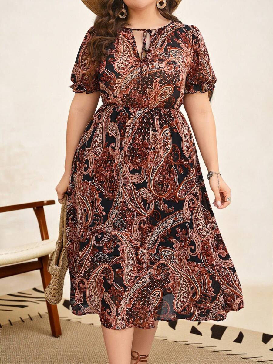 SHEIN Clasi Plus Paisley Print Tie Neck Puff Sleeve Dress, Summer,Beach Dress Sundress,Holiday Outfits Boho,Western Wear Women - Multicolor - View 1