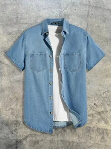 AXEPEAK Camicia in jeans da uomo in cotone con tasche applicate, senza maglietta, elemento essenziale dello streetwear