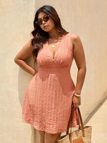 Elaquor Plus Size Casual Vacation Cinched Waist A-Line Backless Dress - Coral Orange - View 5