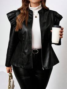 SHEIN Clasi Plus Size Women's Solid Color Simple Daily Long Sleeve Zip Up Jacket, For Winter Fall Autumn - Black - View 1