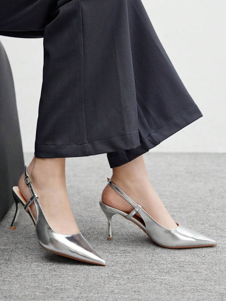 CUCCOO BIZCHIC Fashion Pointed Toe Silver Metallic Embossed Ankle Strap Stiletto Heel Pumps, Elegant Women Party High Heel Sandals