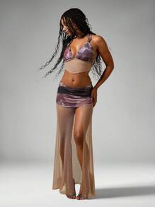 Slaydiva 2015 夏季新款度假性感辣妹吊带露背印花上衣 + 开叉网纱拼接短裙女士泳衣套装，适合音乐节、复活节、波西米亚风、海滨度假、海滩、俱乐部服装女士性感、派对聚会、假日旅行、毕业礼服、游泳、性感辣妹、西部游牧民族-A - 棕色 - 查看 2