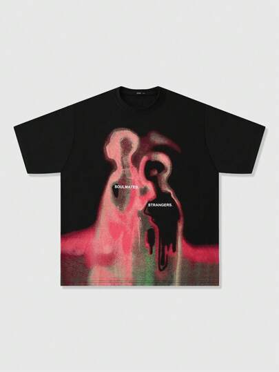 Street Life Men's Retro Street Style Character Abstract Silhouette Heat Map Print Short Sleeve T-Shirt