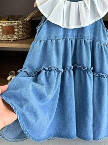 SHEIN LMoss Kids Young Girl' Ruffled Collar Blue Sleeveless Layered Cake Denim Dress - Light Wash - View 6
