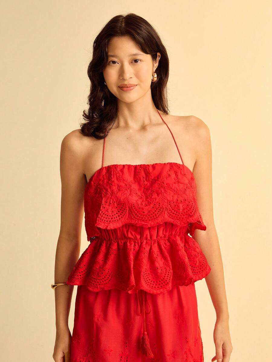 CAJUNI 女士夏季休闲蕾丝边露背系带背心，适合海滩度假 - 紅色 - 查看 1