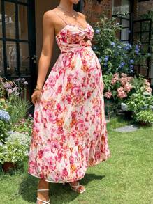 SHEIN Váy dây mảnh in hoa thời trang mùa hè cho bà bầu - Hồng - Xem 7