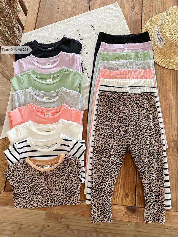 SHEIN Pantalones casuales y versátiles para bebé niña con cintura elástica, estampado de rayas y leopardo (se venden por separado de la parte superior)
