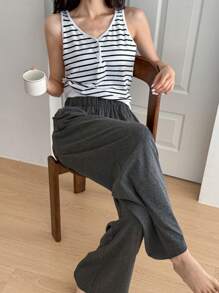 DAZY 条纹背心和纯色直筒裤女式睡衣套装 - 白色 - 查看 5