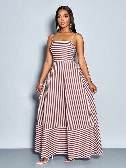 SOLERSUN Women's Flowing Style Striped Maxi Dress With Shoulder Straps, Pockets, Chest Gathering, For Vacation, Beach, Commute, Daily Casual Wear, Elegant (Random Flower Pattern)