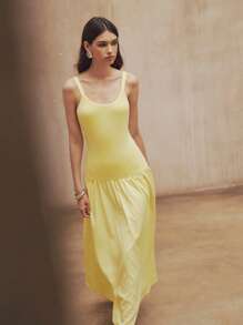 SHEIN Unity Vestido de mujer de un solo color con tirantes de espagueti y bajo retazado, de moda y versátil para primavera/verano - Amarillo - Ver 2