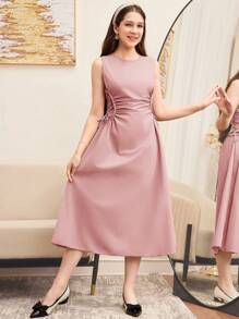 SHEIN Leap Crew Vestido largo elegante para adolescentes con cuello redondo, cintura fruncida y detalles cruzados laterales en unicolor para una cita - Rosa - Ver 4